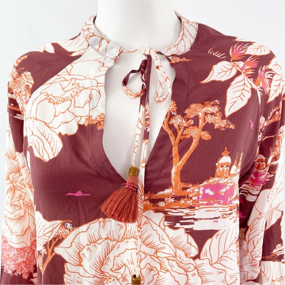 Maaji Maroon WONDERLAND DREAMS Long Sleeve Asian Motif Floral Tunic Dress Size M - Picture 4 of 12